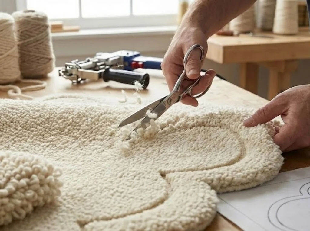 An artisan using scissors to hand carve the pile of a cream wool rug, trimming the borders to give the scalloped edges a sharp and distinct 3D definition.