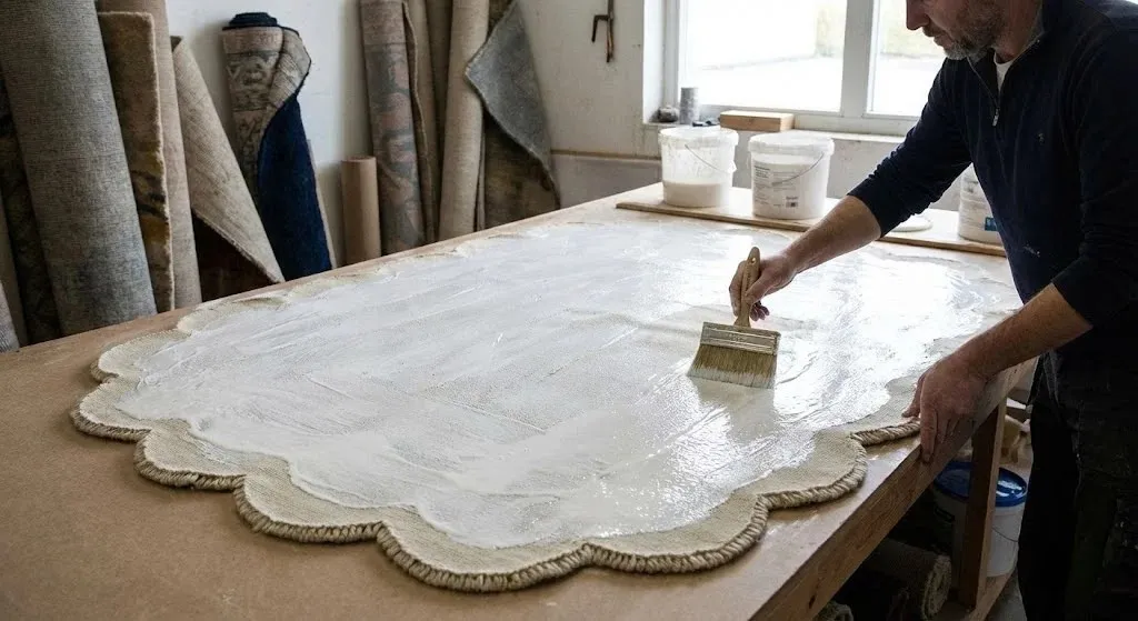 Artisan brushing white latex adhesive onto the back of a hand tufted scalloped rug to build a strong foundation and ensure the rug lasts for decades.