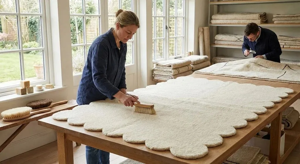 An artisan hand-brushing a cream wool scalloped rug on a wooden table during the final finishing process, while a colleague performs quality control in the background.
