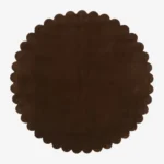 Top down view of the circular Cocoa Crest dark brown hand tufted wool rug on a white background showing the scalloped border.