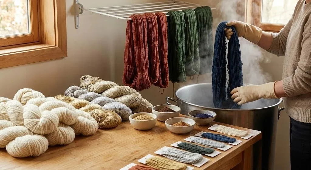 Artisan dyeing skeins of premium wool yarn and selecting custom colors in a workshop to honor the vision of the rug design.