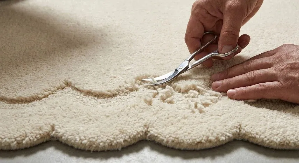 Close up of artisan hands using scissors to hand carve the edges of a scalloped wool rug to sculpt depth and character into the pile.