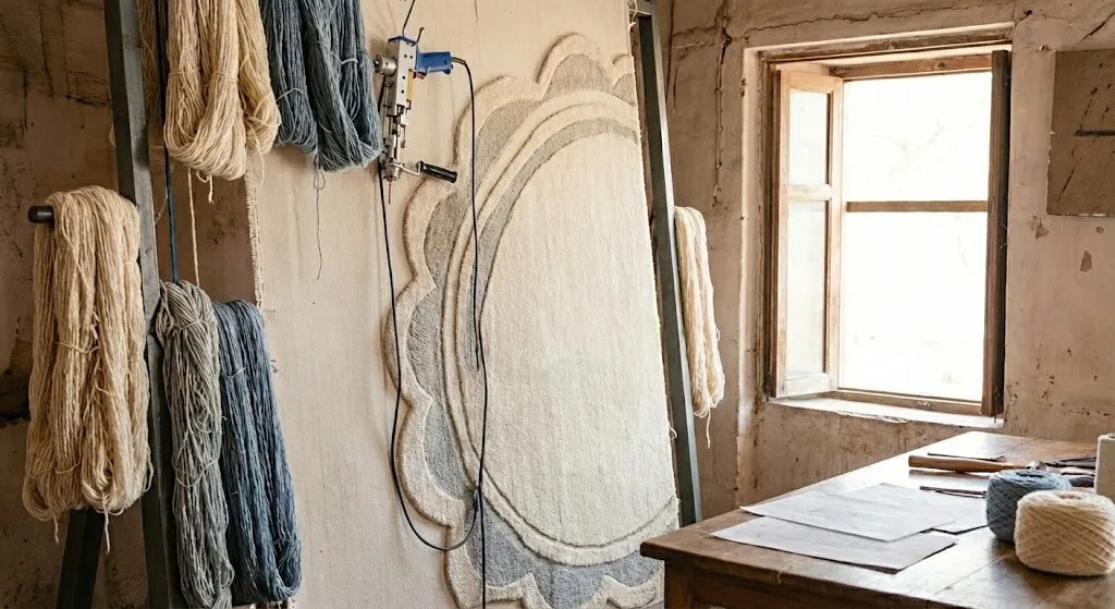 A traditional rug workshop featuring a tufting gun and natural New Zealand wool yarn used for crafting high-quality handmade rugs.
