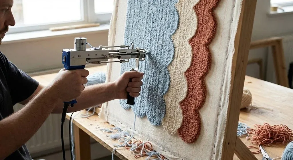 Close up of an artisan using a manual tufting gun to create a wavy scalloped design on a stretched canvas frame demonstrating the slow craft of rug making.