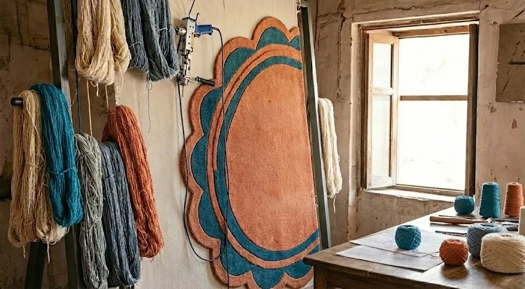 Close-up view of the hand tufting process for a wool rug, showing a craftsman using a tufting gun to create the dense pile and carefully carving the custom scalloped edges.
