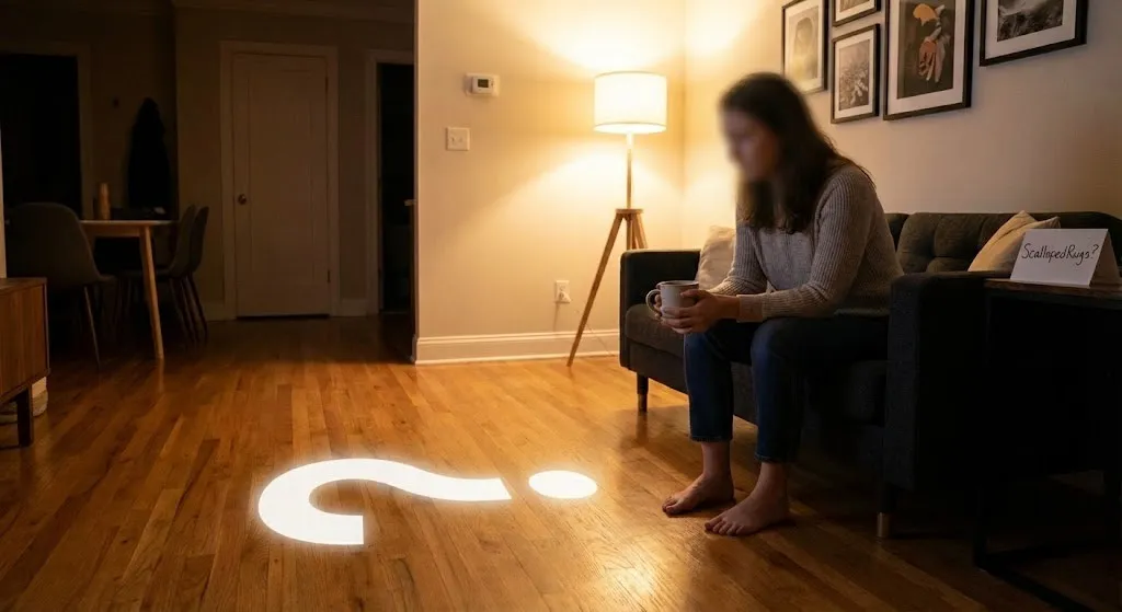 A woman sitting in a warm, modern living room looking at an empty floor, illustrating the need for aesthetic home decor and rug placement.