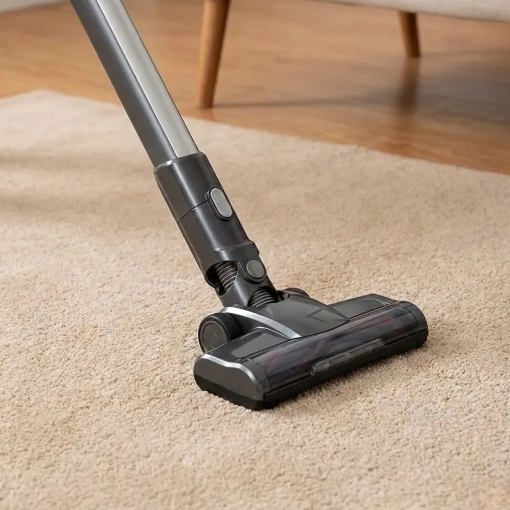 Close up detail of a vacuum cleaner nozzle removing dust and debris from a beige rug as part of regular maintenance.