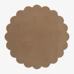 Top down view of the circular Sandstone taupe brown hand tufted wool rug on a white background showing the scalloped border.