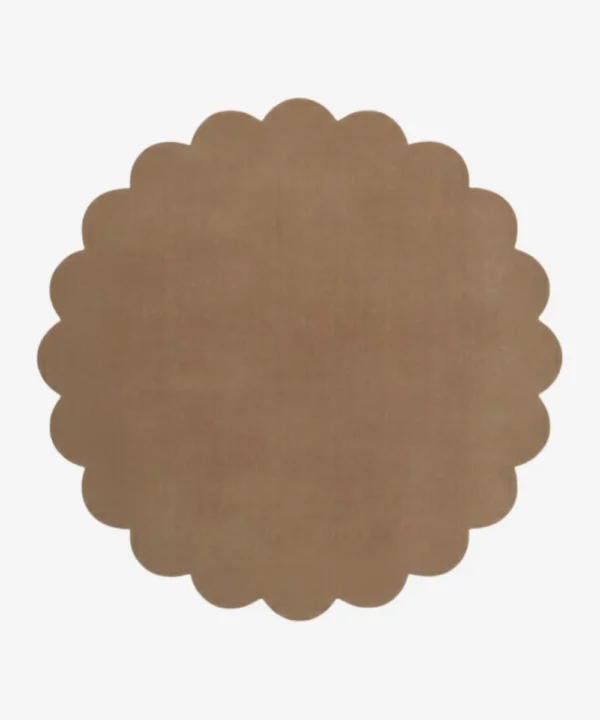 Top down view of the circular Sandstone taupe brown hand tufted wool rug on a white background showing the scalloped border.
