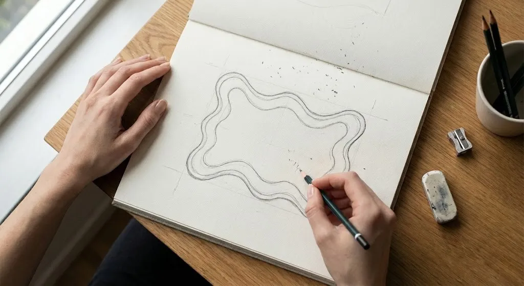 Artist sketching a custom wavy rug design on paper, showing the creative process behind unique scalloped shaped rugs.