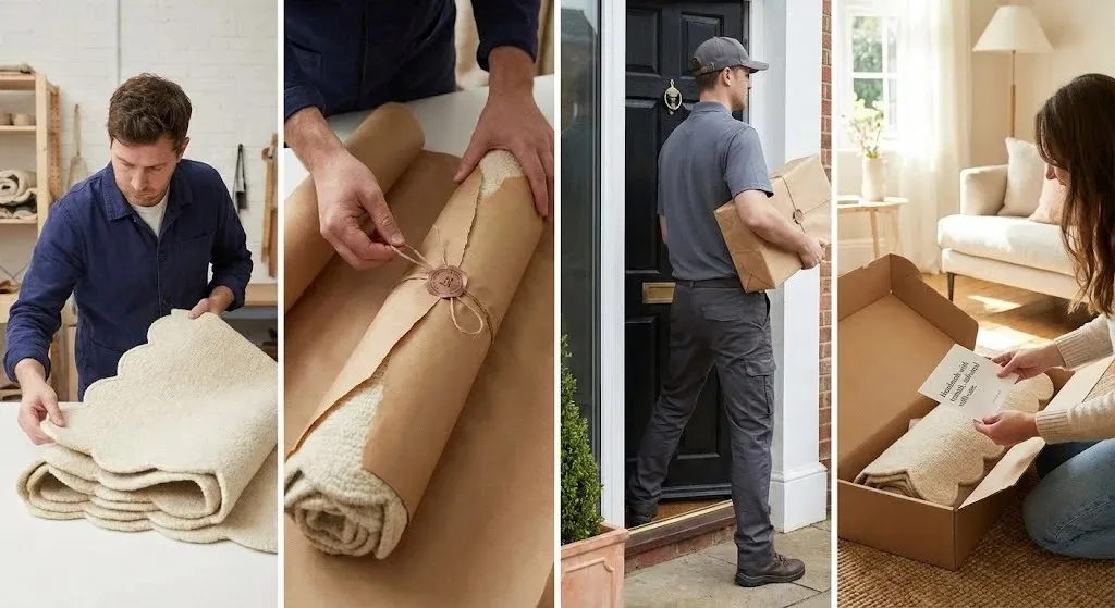 A four-step collage showing the complete shipping process: folding a cream scalloped rug, wrapping it in eco-friendly paper with a wax seal, courier delivery to the doorstep, and a customer unboxing the rug in their living room.