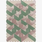 Top down view of the Blushed Olive rug against a white background, featuring a complex repeating geometric interlocking pattern in shades of olive green and blush pink on a cream background, framed by a continuous cream scalloped border.