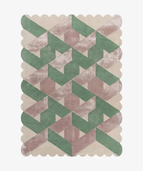 Top down view of the Blushed Olive rug against a white background, featuring a complex repeating geometric interlocking pattern in shades of olive green and blush pink on a cream background, framed by a continuous cream scalloped border.