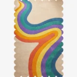 Top down view of the Chromatic Wave rug featuring a beige background with a flowing retro rainbow ribbon design in yellow orange purple and blue.