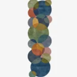 Top down view of the Eucalyptus Veil runner rug on a white background, displaying a modern abstract pattern of interlocking circles in calming pastel and earth tones with scalloped edges.