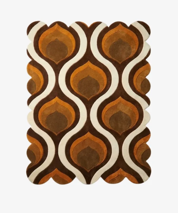 Top down flat lay of the Honeyed Waves rug featuring a retro 70s inspired ogee pattern with wavy layers of brown, amber, orange, and cream wool.