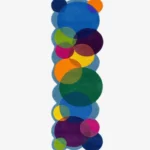 Top down view of the Indigo Carnival runner rug on a white background, featuring a bold geometric design of colorful interlocking circles and custom shaped edges.