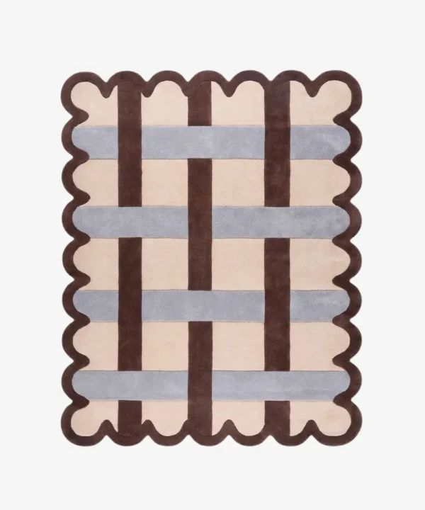 Top down view of the Linen Blend rug featuring a cream wool background with an interlaced grid pattern of dark brown and light grey stripes, framed by a dark brown scalloped border.