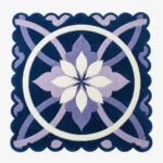 Top down view of the Moon Blossom rug featuring a central geometric flower motif in white and lavender on a deep navy blue background with scalloped edges.