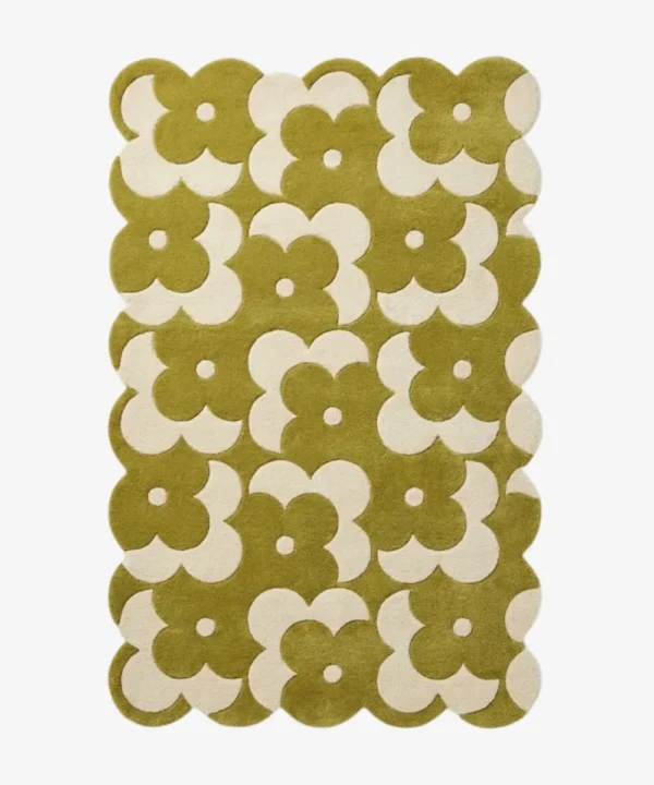 Top down view of the Moss Parade rug featuring an earthy moss green background with a retro grid pattern of white flowers.