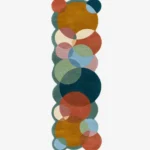 Top down view of the Ochre Orbit runner rug on a white background, featuring a modern geometric pattern of interlocking colorful circles with custom shaped scalloped edges.