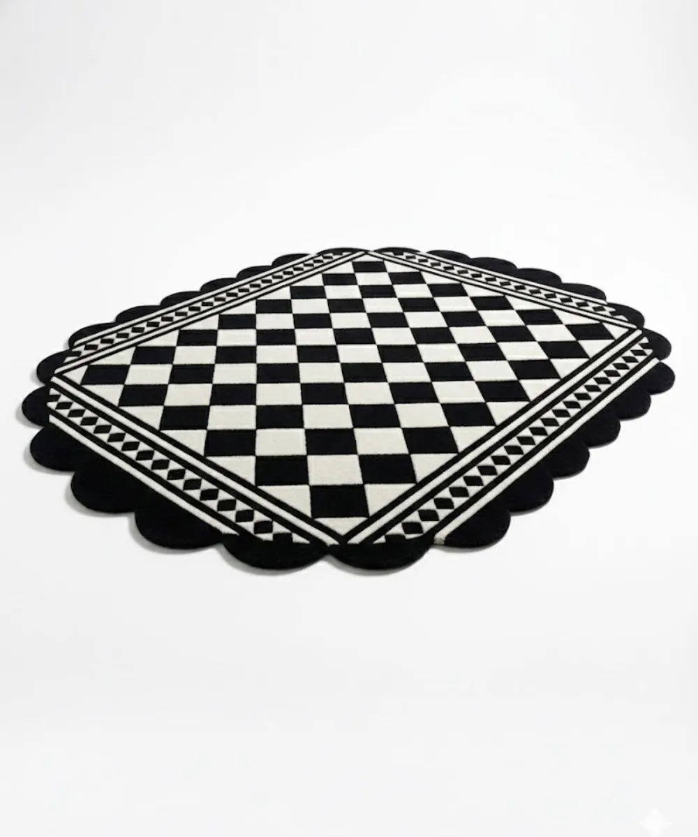 A large geometric wool rug with wavy borders serving as a button to explore the Oval Shape collection.