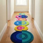 Perspective lifestyle view of the Pastel Pop Rings runner rug placed on a warm wooden floor in a brightly lit hallway, featuring a dynamic pattern of split-color concentric circles in vibrant teal, yellow, and pink that form a wavy scalloped edge.