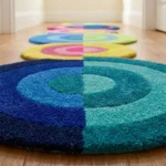 Close-up angled view of the Pastel Pop Rings runner rug, highlighting the dense, plush hand-tufted wool texture and the clean, sharp lines of the teal and dark blue split-circle design.