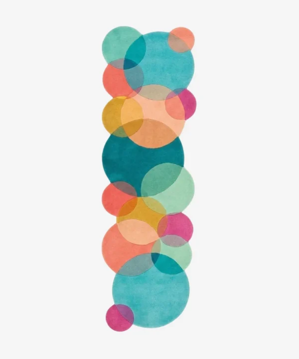 Top down view of the Pastel Tide runner rug on a white background, featuring a modern geometric pattern of interlocking colorful circles with custom shaped scalloped edges.