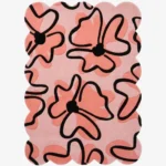 Top down view of the Peachy Sketch rug featuring a soft pink background with large abstract peach floral doodles outlined in bold black.