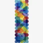 Top down view of the Prism Cascade runner rug on a white background, featuring a bold Bauhaus-inspired design with colorful translucent-effect shapes and custom scalloped edges.