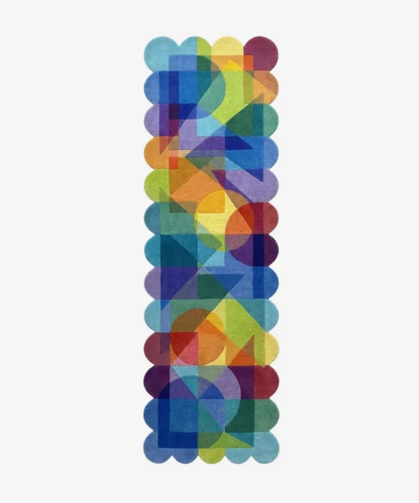 Top down view of the Prism Cascade runner rug on a white background, featuring a bold Bauhaus-inspired design with colorful translucent-effect shapes and custom scalloped edges.
