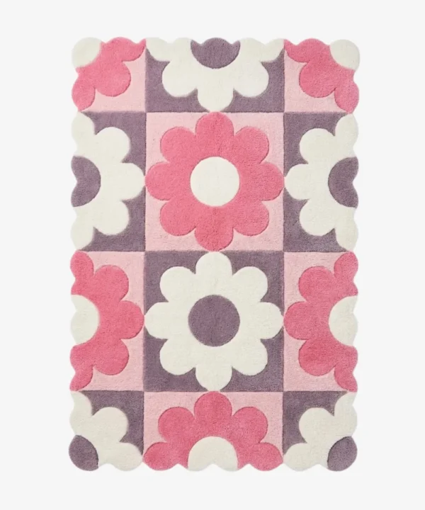 Rosette Blocks Floral Checkerboard Rug Flat Lay