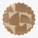 Top down view of the Rounded Dunes Round Rug featuring a soft beige wool background with abstract tan geometric shapes resembling sand dunes, finished with a custom scalloped edge.