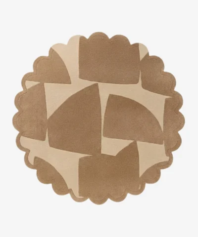 Top down view of the Rounded Dunes Round Rug featuring a soft beige wool background with abstract tan geometric shapes resembling sand dunes, finished with a custom scalloped edge.