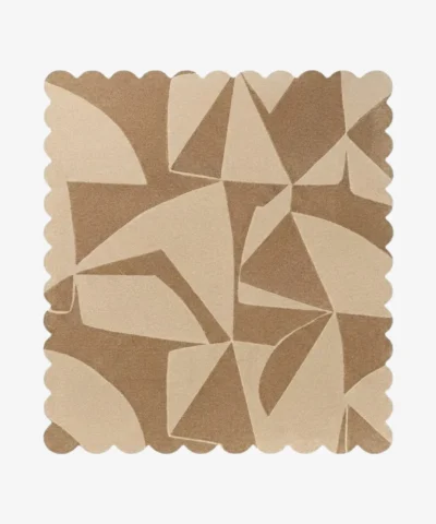 Top down view of the Sand Fragments Square rug featuring a fragmented geometric pattern in soft sand and tan shades, finished with custom scalloped edges.