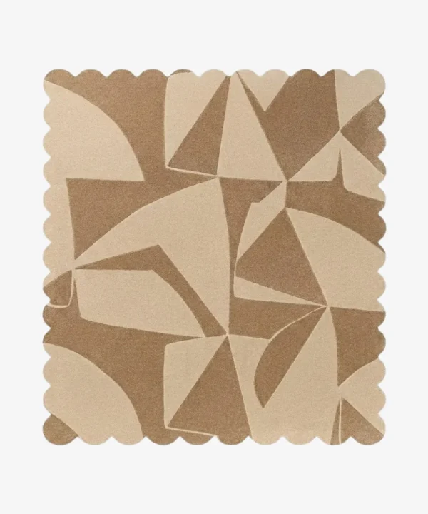 Top down view of the Sand Fragments Square rug featuring a fragmented geometric pattern in soft sand and tan shades, finished with custom scalloped edges.