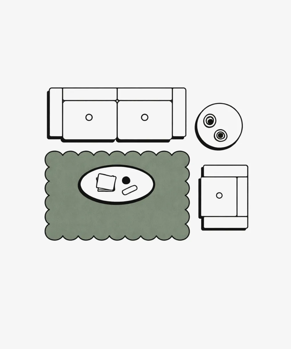ScallopedRugs 6x9ft dimension guide demonstrating a floating furniture arrangement where the sofa and chairs are placed around a central green scalloped rug rather than on top of it.