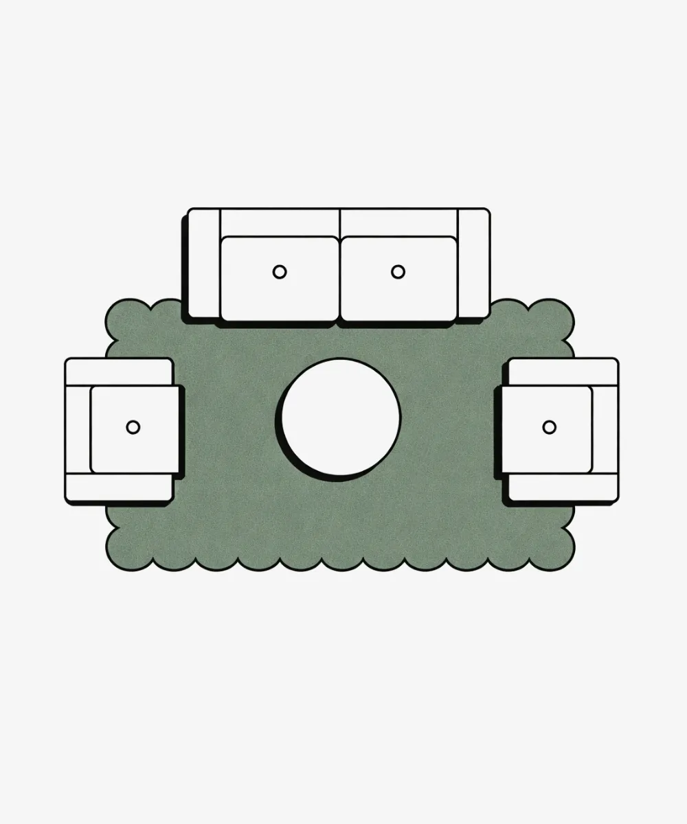 Size guide illustration for ScallopedRugs 8x10ft rugs displaying a balanced conversation area with a sofa and two matching armchairs centered around a round table on a green scalloped rug.