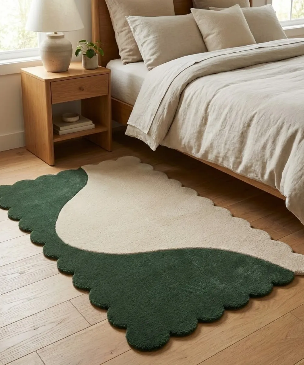 Lifestyle photography for the ScallopedRugs Bedroom collection showing a green and cream organic shaped rug with scalloped edges styled as a bedside accent piece near a wooden nightstand.