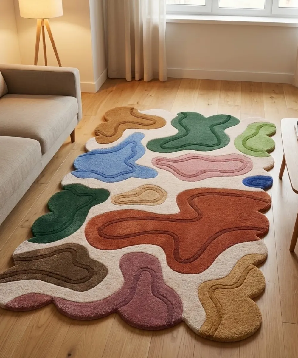 Lifestyle interior shot for the ScallopedRugs Multicolor collection featuring a hand tufted abstract rug with colorful organic shapes and irregular borders styled in a bright modern living room next to a grey sofa.