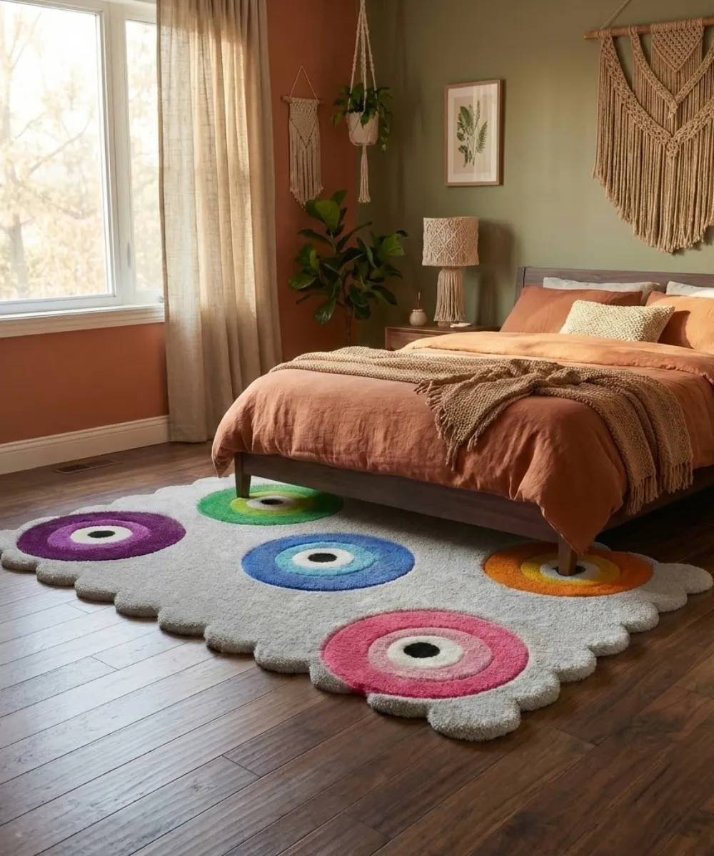 Lifestyle photography for the ScallopedRugs Bedroom collection featuring a grey hand tufted wool rug with colorful evil eye motifs and custom scalloped edges styled at the foot of a bed in a boho room.