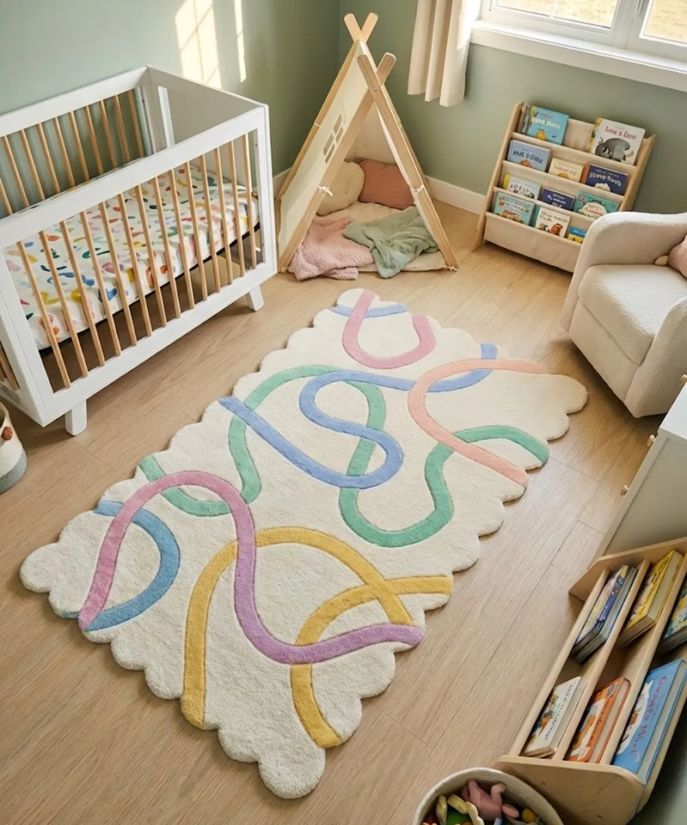 Lifestyle photography for the ScallopedRugs Kids collection featuring a cream wool rug with playful pastel squiggly lines and custom scalloped edges styled in a cozy nursery with a crib and play tent.