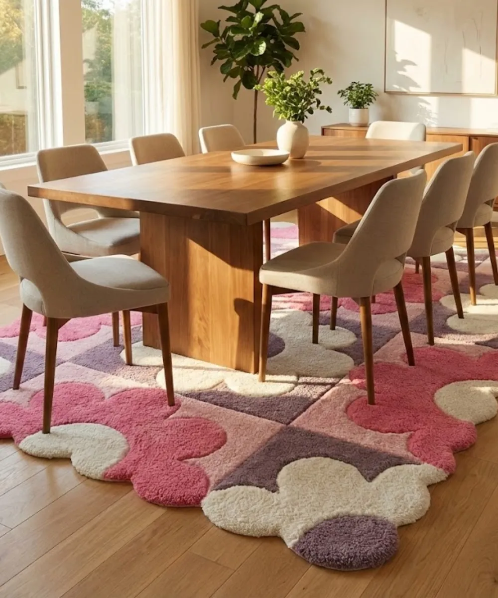 Lifestyle interior shot featuring a large rectangular scalloped rug with a pink and purple floral checkerboard pattern anchored under a wooden dining table for six to add a pop of color.
