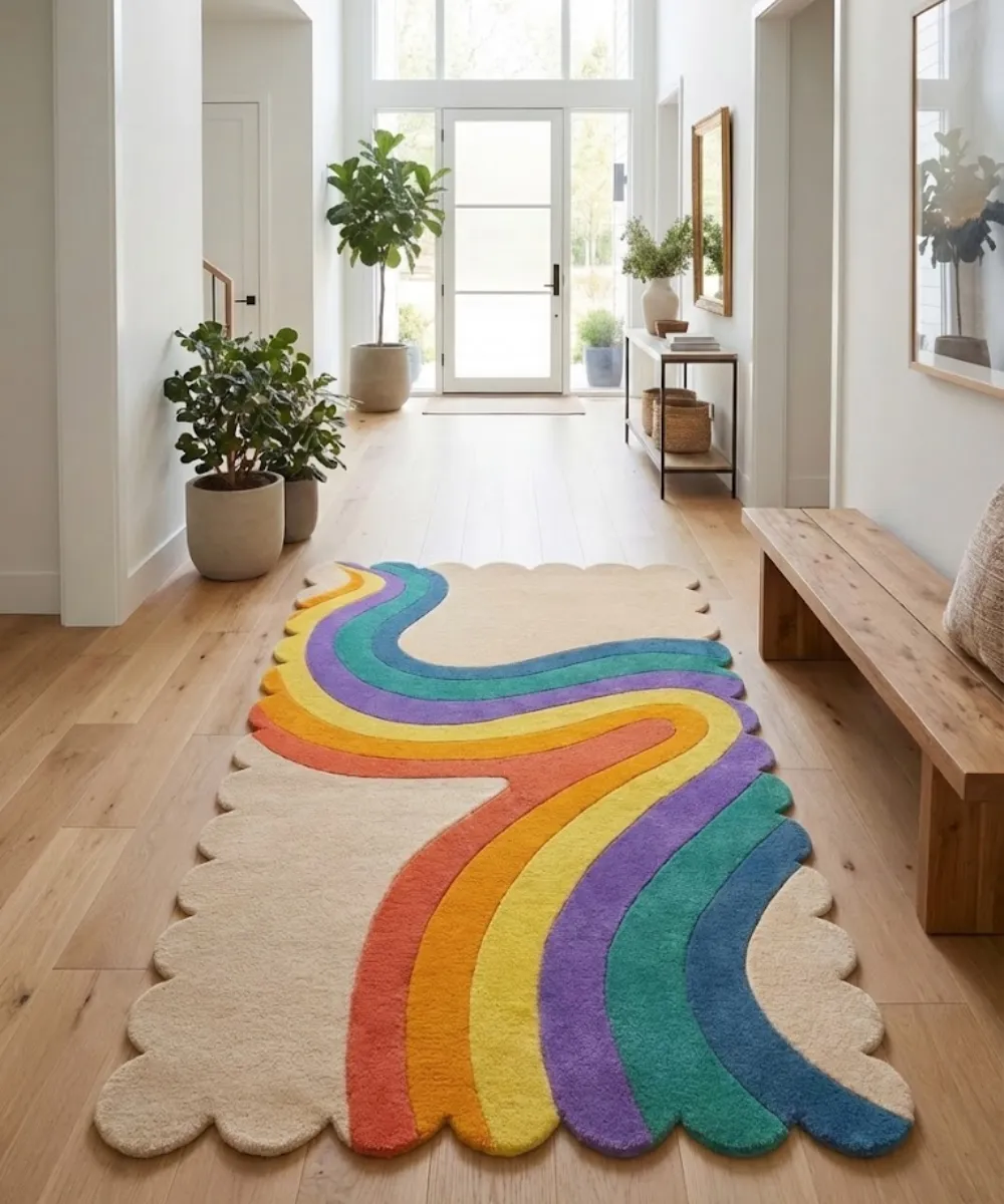 Lifestyle photography for the ScallopedRugs Runner collection showcasing a cream wool runner with a vibrant multicolor wavy ribbon design and custom scalloped edges styled in a bright modern hallway.