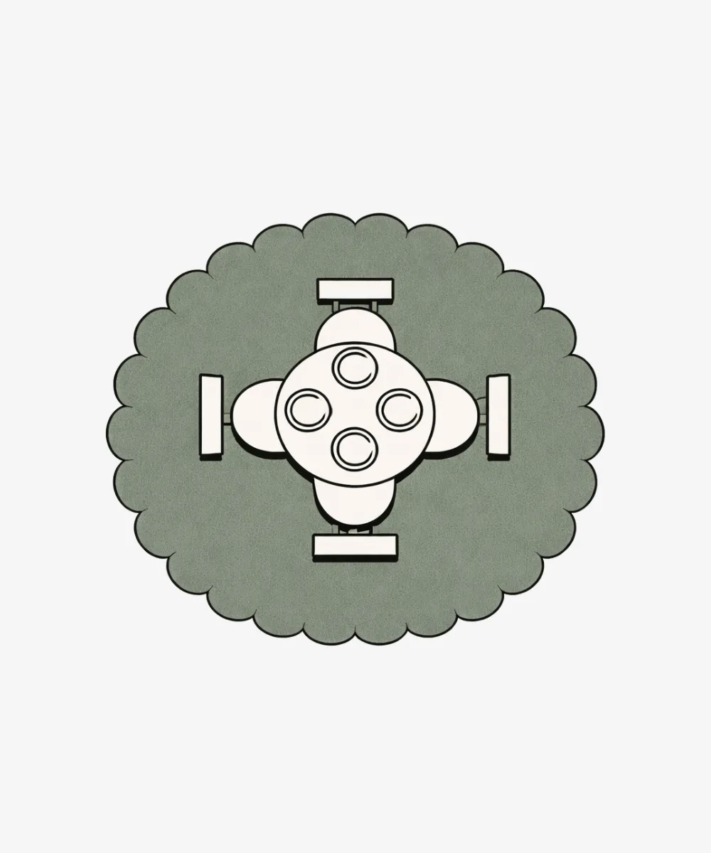 Layout illustration for the ScallopedRugs round collection showing a four-seater dining table centered on a green scalloped rug to demonstrate ideal dining room fit.