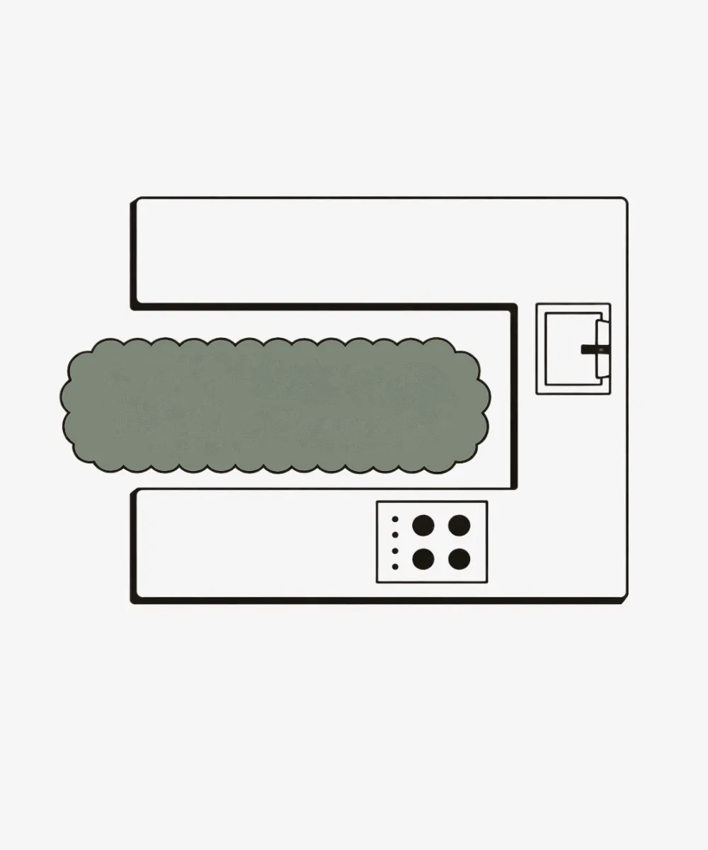 Layout diagram for the ScallopedRugs runner category displaying a green scalloped rug positioned in a U shaped kitchen workspace between the stove and sink to illustrate aisle fit.