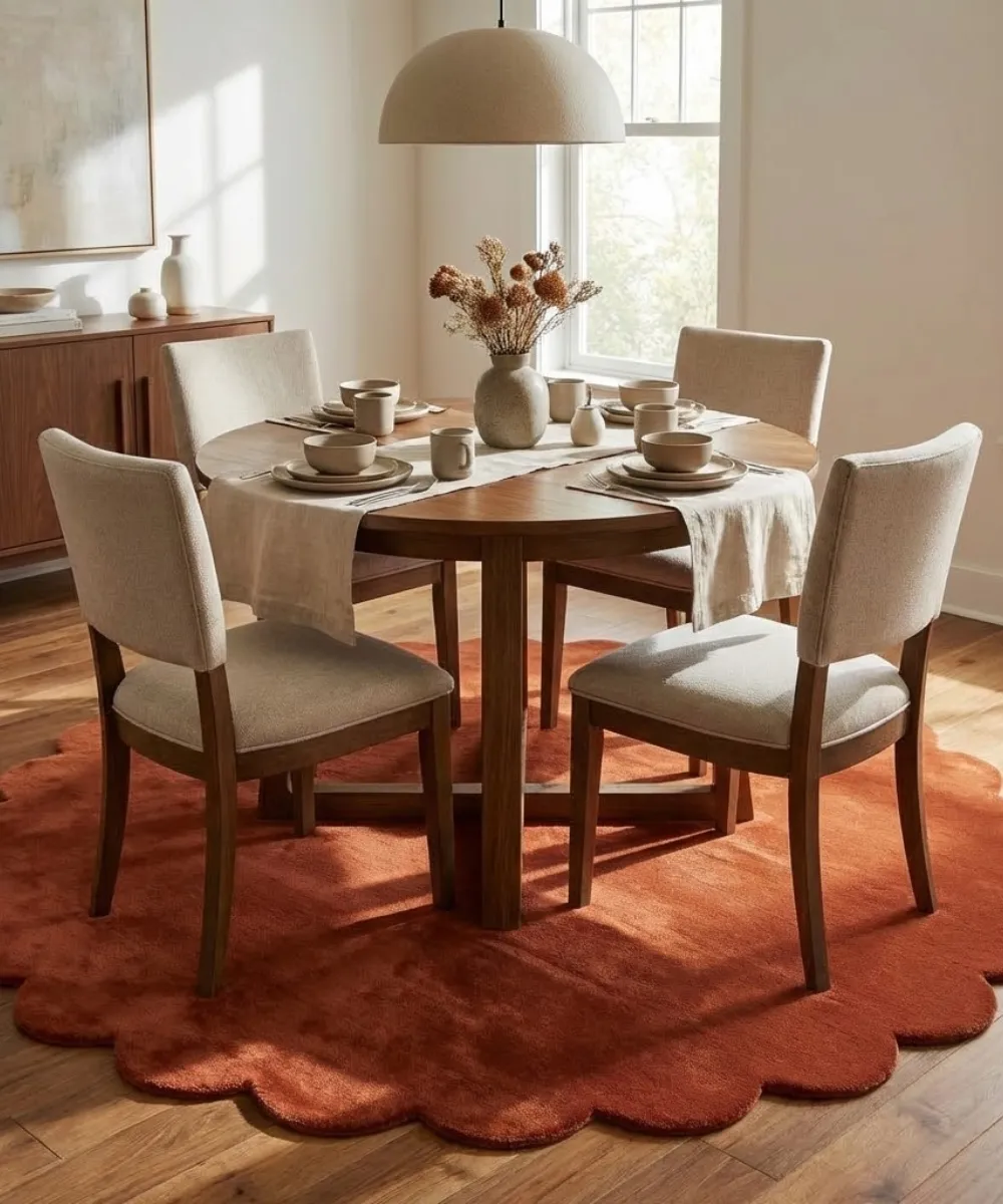 Scallopedrugs Rust Orange Round Rug Dining Room Setup