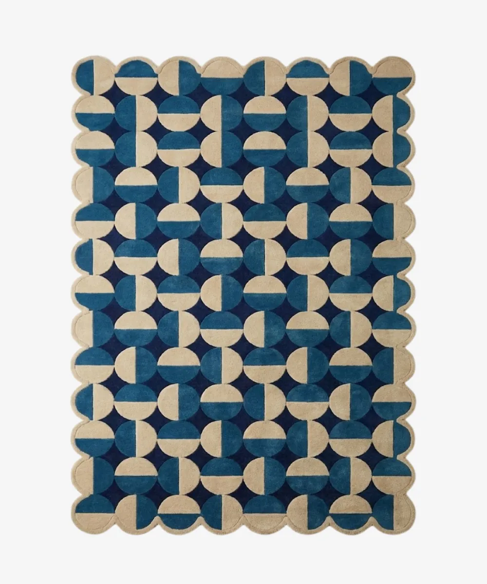 A blue and beige geometric arc design rug, used to browse the Geometric and Mid Century Modern rug section.