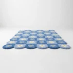 Low angle perspective of the Sky Carousel area rug highlighting the dense plush wool pile and the cute wavy scalloped edges, perfect for adding a fun pop of color.